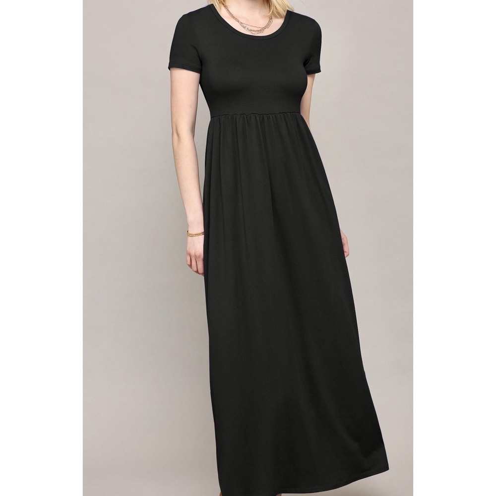 VIISHOW Womens Black Empire Waist Short Sleeve Maxi Dress with Pockets‎ Size L - Picture 2 of 7